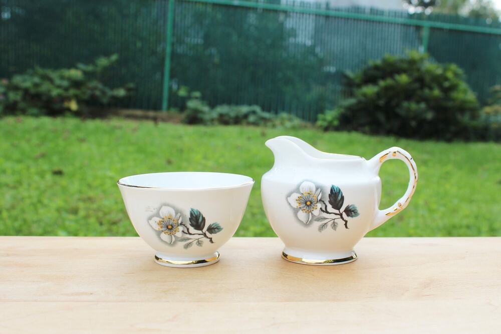 Vintage Delphine Bone China Cream & Sugar Set England White Fully Marked